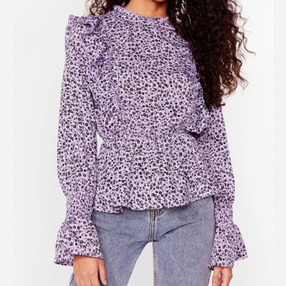 Influence Feminine Cottage ruffle blouse. Size 14. Lavender with black floral